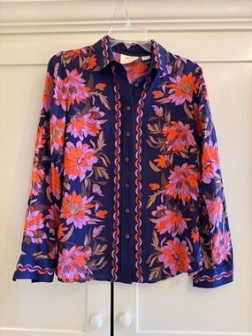 Maeve Navy Button-Down Shirt with Pink & Orange Floral Print